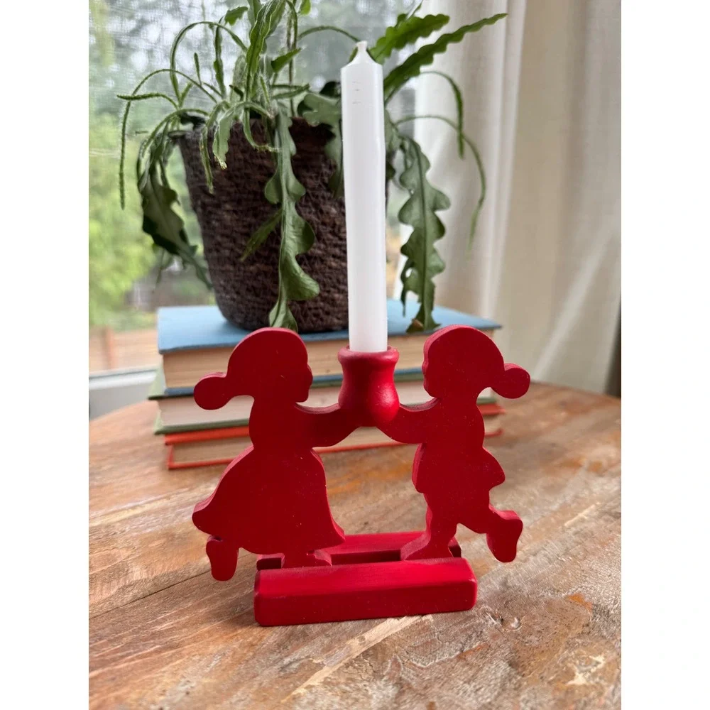 Vintage Swedish Wood Candle Holder Red Boy Girl Silhouette with Lenox Candles